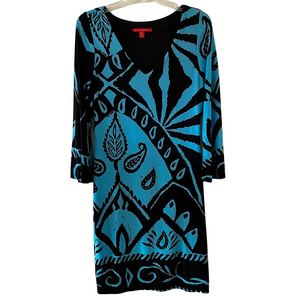 Nicola Antoni Blue Black Sheath Dress V-Neck 3/4 Bell Sleeves Lined Womens Large